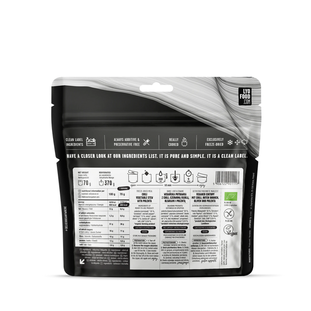 Black food packaging with a detailed label on a white background